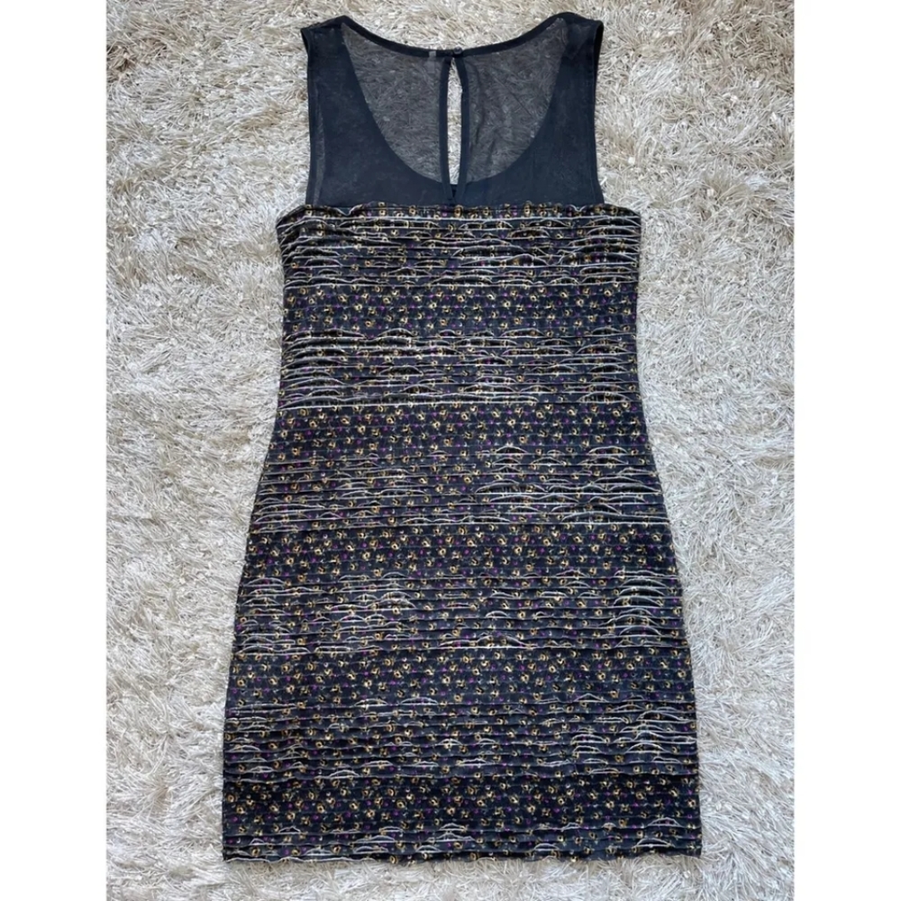 Free People -- Gray Floral Mesh Bitsy Ditsy Shimmer Ruffle Tiered Bodycon Dress